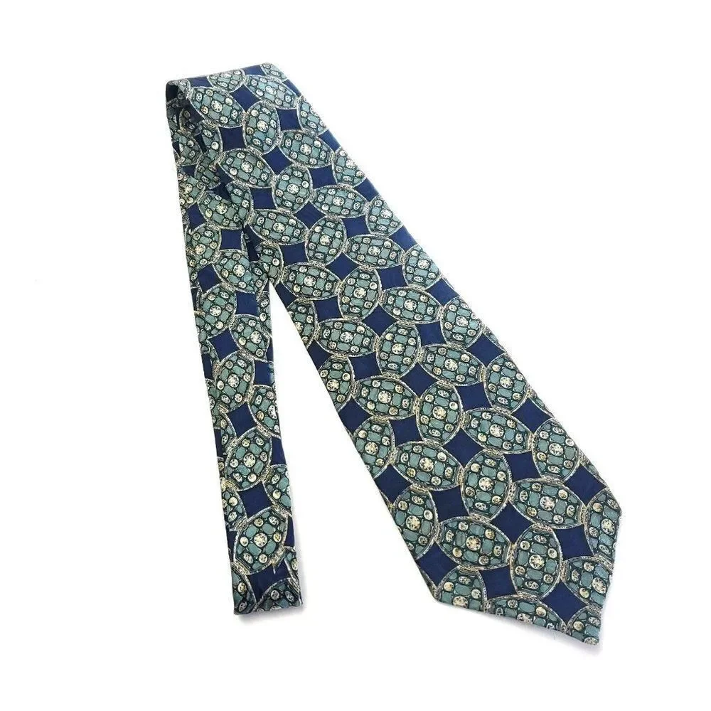 Guy Laroche Green Blue Abstract Geometric Print‎ Short Wide Silk Tie